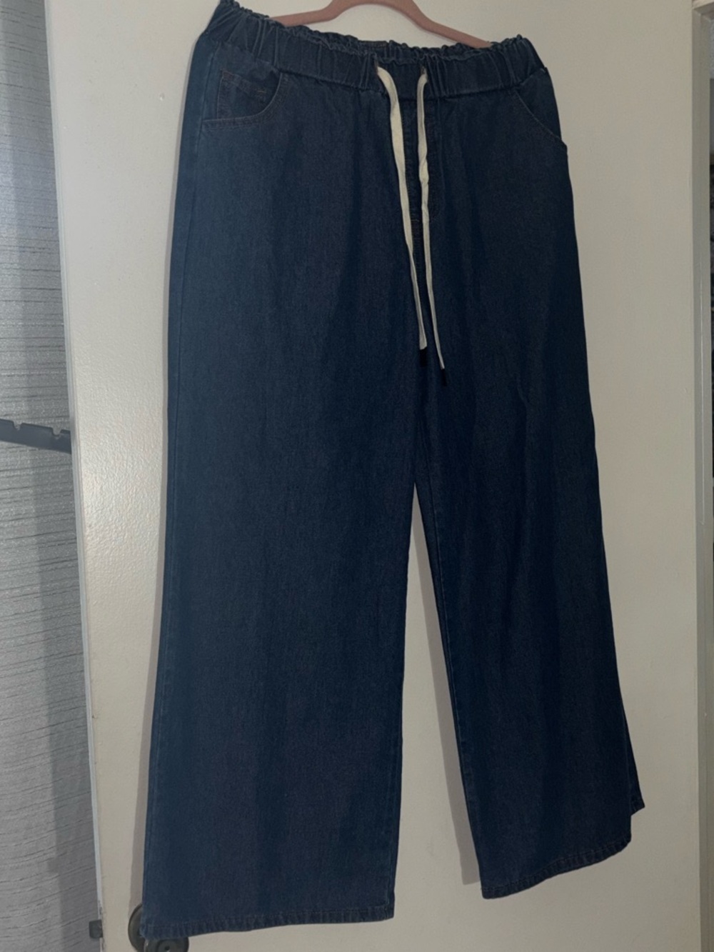 Wide Leg Dark Blue Denim Drawstring Pants